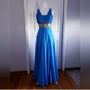 Riva Designs Evening Gown, Blue with Gold Beading,  Size 6